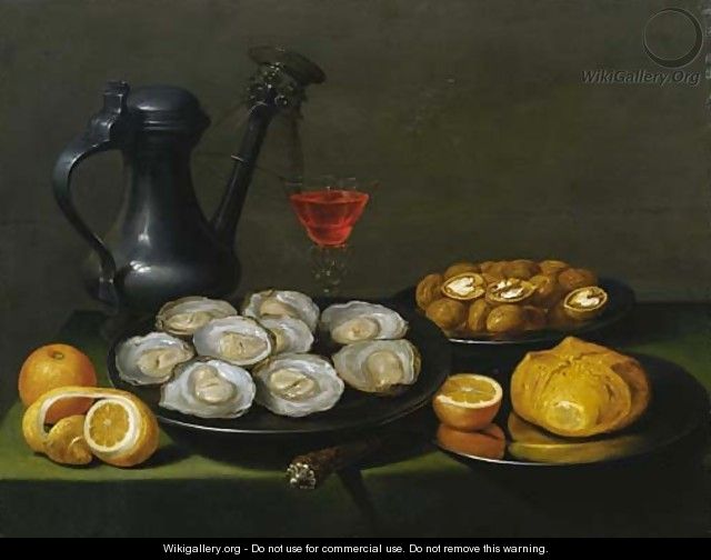 Oysters, walnuts and a bun on a pewter dish - (after) Jacob Foppens Van Es: