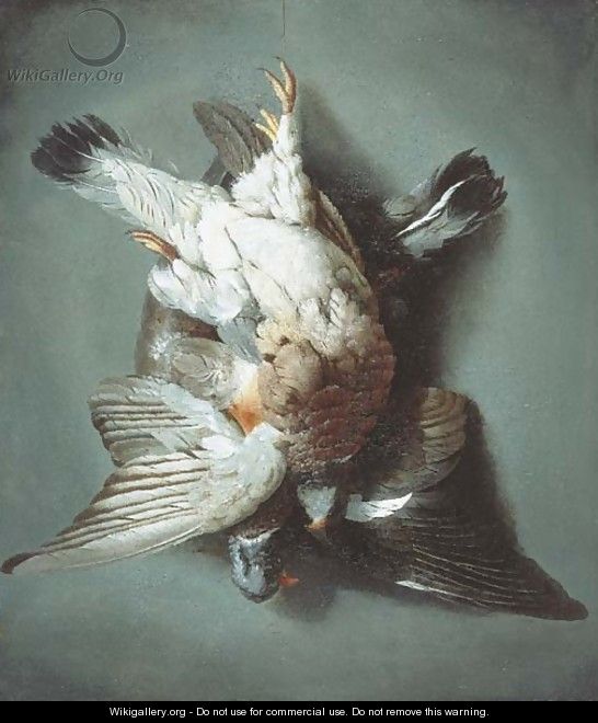 A brace of woodpigeon hanging from a string against a wall - (after) Jacob Biltius