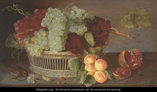 Grapes in a basket, a pomegranate, a bunch of apricots and a sparrow on on a ledge - (after) Isaak Soreau