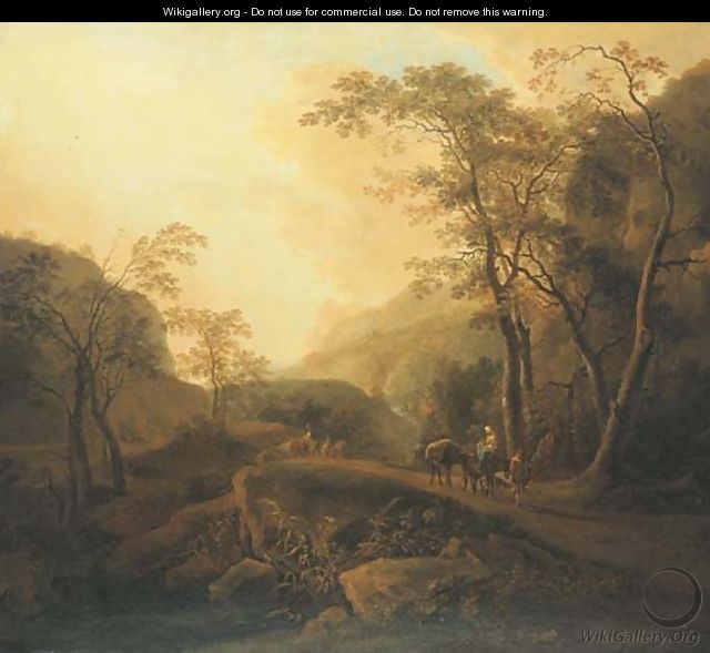An Italianate landscape with travellers on a wooded mountain path - (after) Isaac De Moucheron