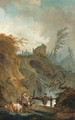An Italianate landscape with peasants on a bridge before a waterfall - (after) Hubert Robert