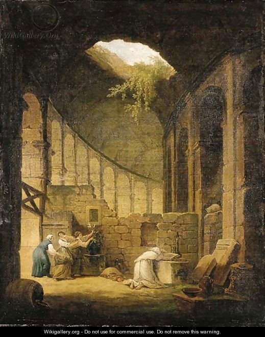 A hermit praying before an altar in a ruined chapel, with three woman offering flowers - (after) Hubert Robert