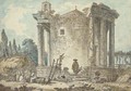 A capriccio with the Temple of the Sybil at Tivoli, Capuchin priests standing amongst the ruins - (after) Hubert Robert