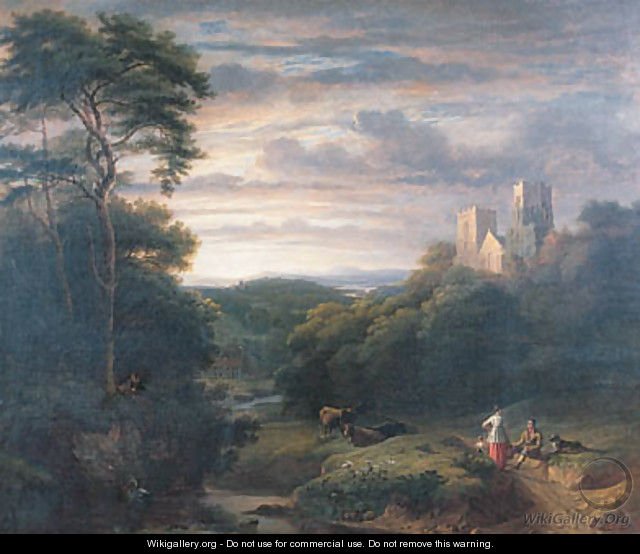 Figures resting in a wooded Valley with a derelict Church on a Hilltop - (after) James Arthur O
