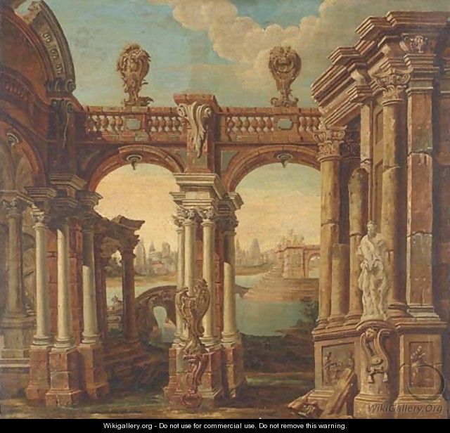 A capriccio of classical buildings with a lake and a town beyond - (after) Jacques De Lajoue