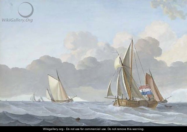 Sailing vessels in a stiff breeze, a village beyond - (after) Jacobus Xavery