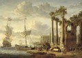 A Mediterranean harbour with a capriccio of classical ruins and a palace with a Dutch man-o'war and other shipping - (after) Jacobus Storck
