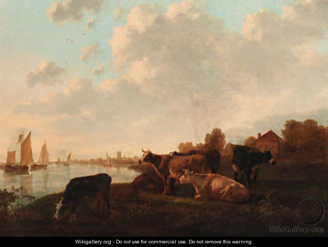 Cattle grazing in a meadow by a canal - (after) Jacob Van Strij