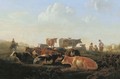 A pastoral landscape with cattle by a river bank, with herdsmen and a horseman - (after) Jacob Van Strij