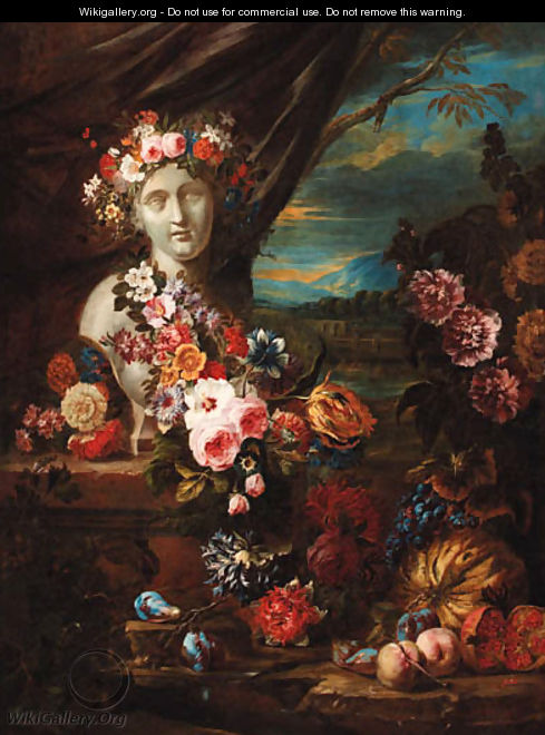 A bust on a pedestal adorned with garlands of flowers - (after) Jacob Van Der Borcht