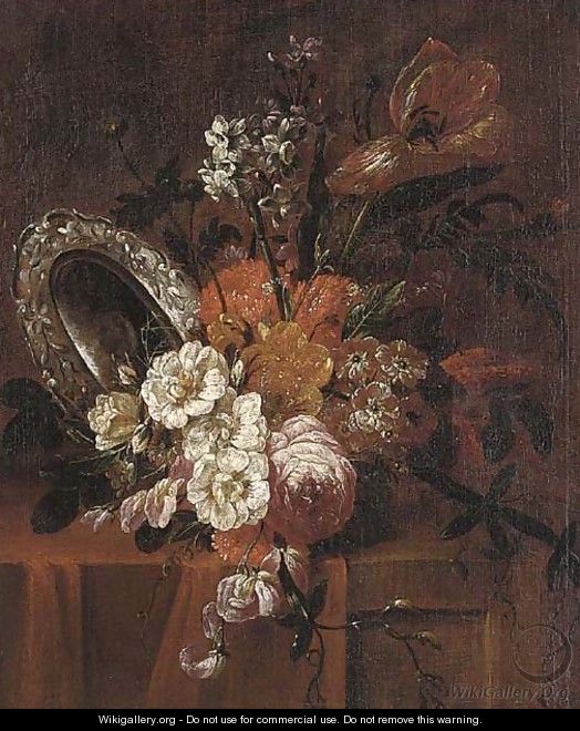 Roses, parrot tulips, chrysanthemums, narcissi and other flowers in a vase - (after) Jacobus Melchior Van Herck