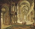 The interior of a Gothic church with elegant company conversing in the aisle - Christian Stocklin