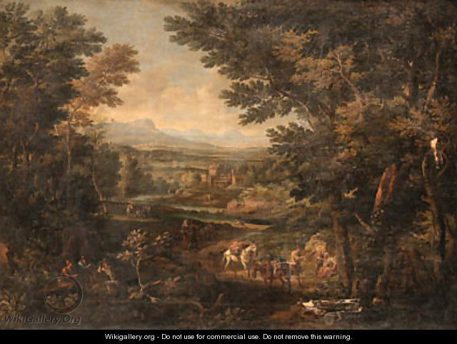 An extensive Italianate river Landscape with Travellers and Packmules on a Track, a Villa beyond - Christian Reder
