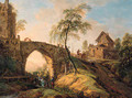 Travellers on a stone bridge waving - Christian Georg Schuttz II