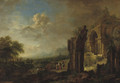 A wooded river landscape with travellers by a ruined gothic church - Christian Georg Schuttz II