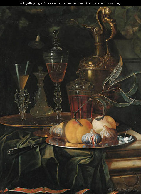 Figs and peaches on a pewter platter, glasses of wine on a gold dish, an ornamental silver-gilt ewer and a knife on a partly draped ledge - Christian Berentz