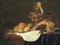 A pie on a silver plate, a lemon and peaches on a platter, with hazlenuts on a plate, a roemer and a glass of red wine on a partly-draped table - Christian Luycks