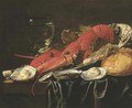 A lobster, shrimps and vine leaves in a Wanli 'kraak' porcelein bowl, a roemer, oysters and a loaf of bread on a partially draped table - Christian Luycks
