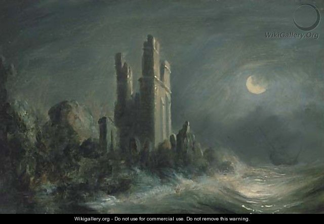 A ruined castle on a stormy moonlit coast - (after) Abraham Pether