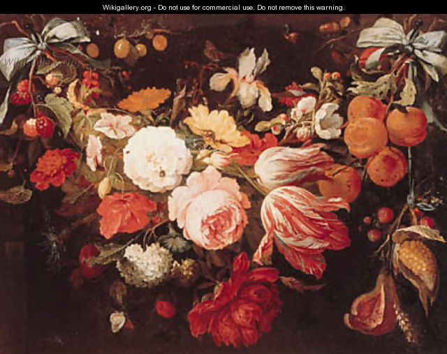 A swag of flowers and fruit with caterpillars - (after) Abraham Mignon