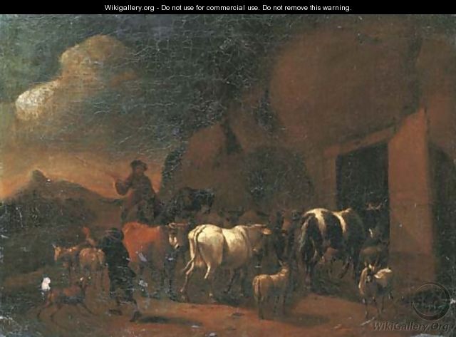 Shepherds returning to the stable with their cattle at dusk - (after) Abraham Jansz. Begeyn