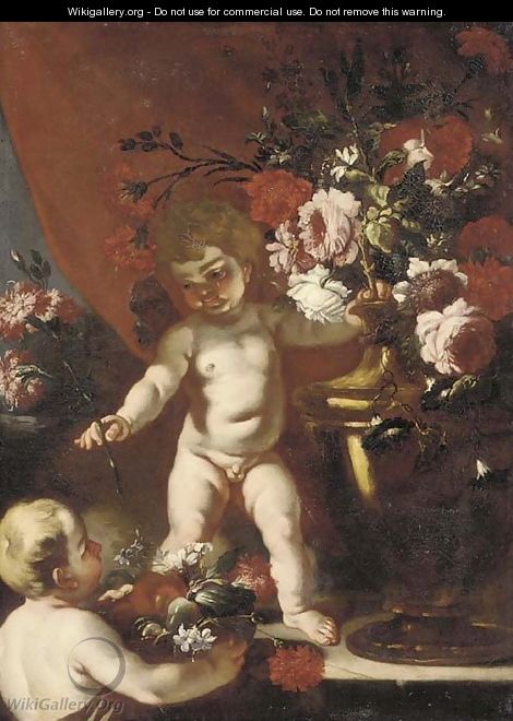 Putti with carnations, roses and other flowers in urns - (after) Abraham Brueghel
