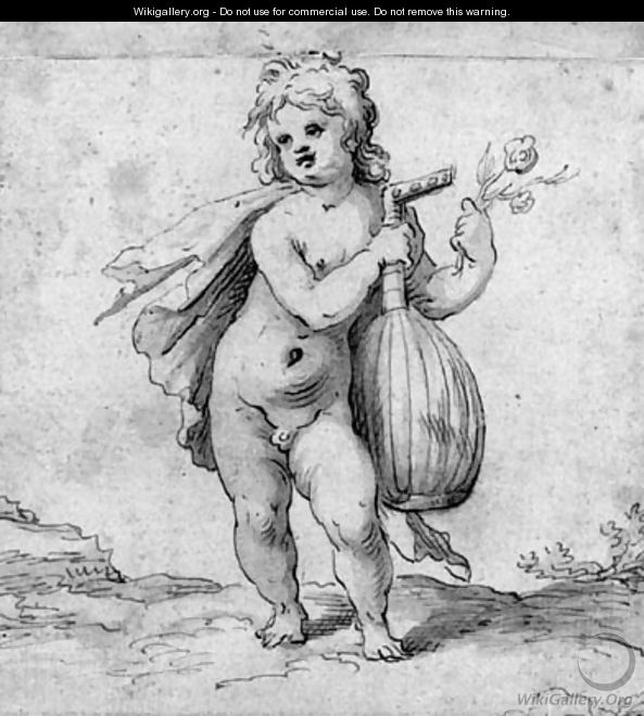 A putto holding a lute and a rose - (after) Abraham Bloemaert