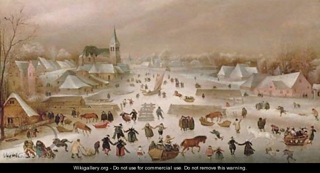 A winter landscape with skaters on a frozen river by a town - (after) Abel Grimmer