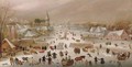 A winter landscape with skaters on a frozen river by a town - (after) Abel Grimmer