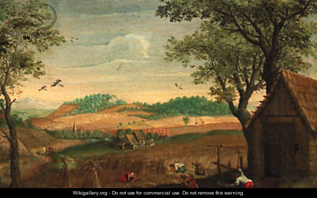 A harvest landscape with peasants toiling in a field, a farmstead beyond - (after) Abel Grimmer