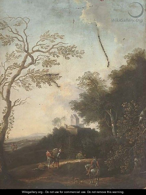 A wooded river landscape with figures on a track - (after) Jan Wynants