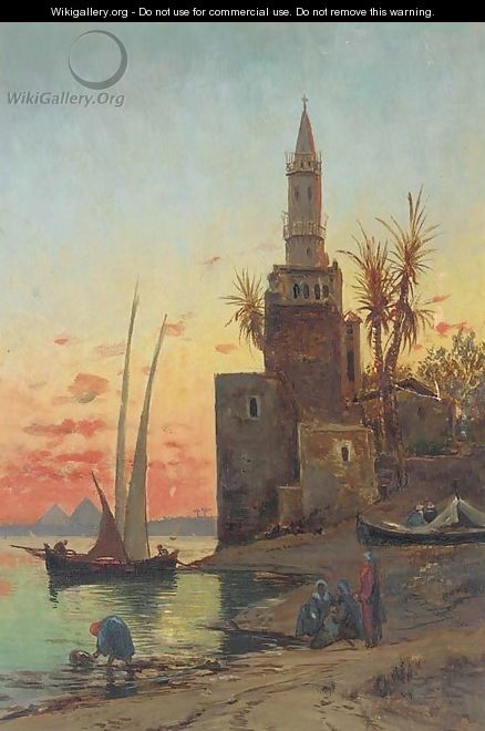 Sunset on the Nile, the Pyramids beyond - (after) Hermann David Salomon Corrodi