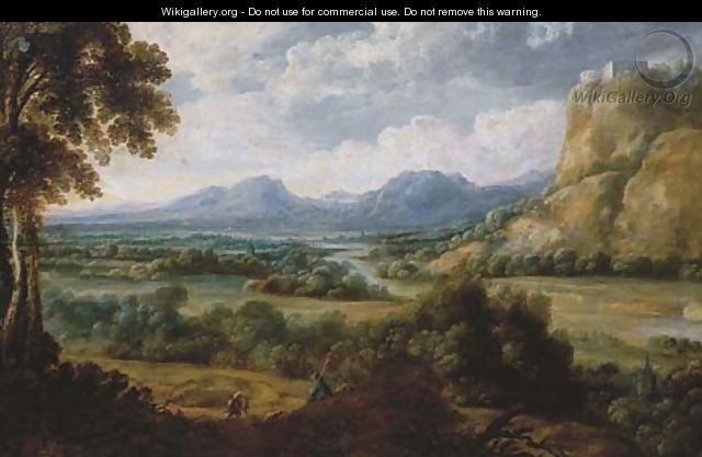 An extensive river landscape with a herdsman resting on a path, mountains beyond - (after) Lucas Van Uden