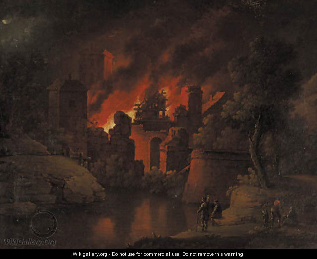 A town on fire at night with onlookers - Christoph Van Bemmel