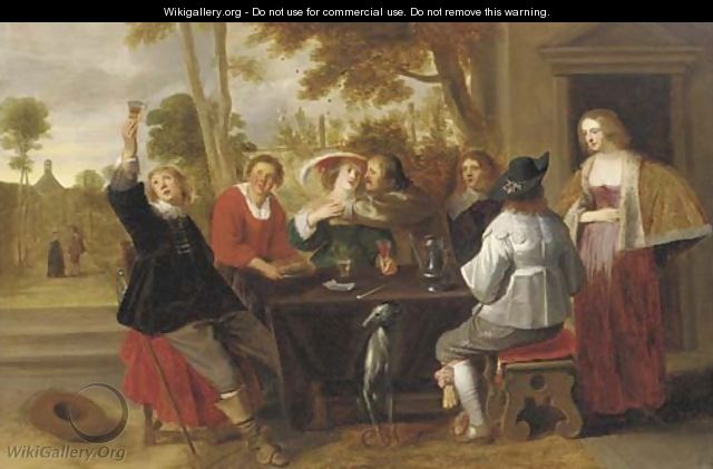 Elegant company at table on a terrace - Christoffel Jacobsz van der Lamen