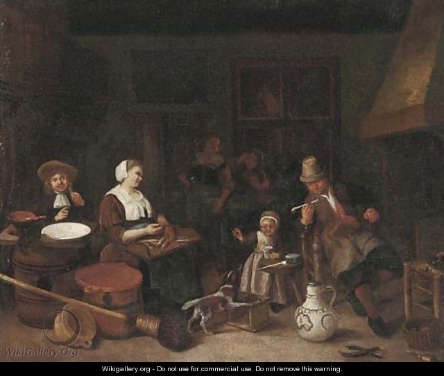A kitchen interior with a woman cutting fish and a girl playing with a dog - (after) Adriaen Jansz. Van Ostade