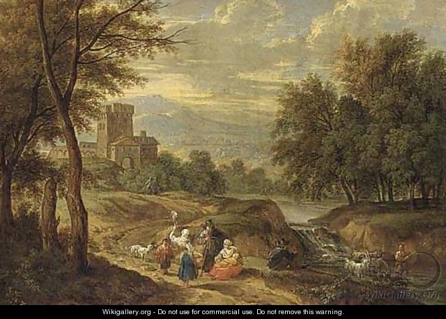 A mountain landscape with travellers on a path and a shepherd crossing a ford - (after) Adriaen Frans Boudewijns