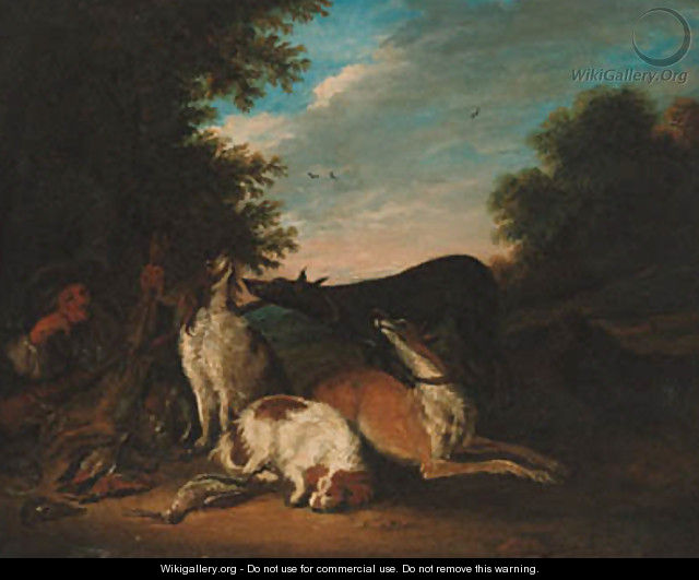 A huntsman and hounds with game resting in a landscape - (after) Adriaen De Gryeff