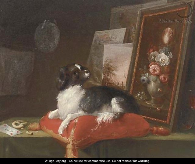 A spaniel lying on a cusion with paintings - (after) Adriaen Cornelisz. Beeldemaker