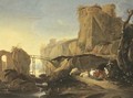 An Italianate mountain landscape with a shepherd and shepherdess resting by a river with their flock, travellers nearby - (after) Adam Pynacker