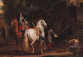 Elegant horsemen by a fountain - (after) Adam Frans Van Der Meulen