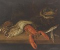 A lobster, a basket of fish, a crab, a cod and other fish on a ledge - (after) Abraham Hendrickz Van Beyeren