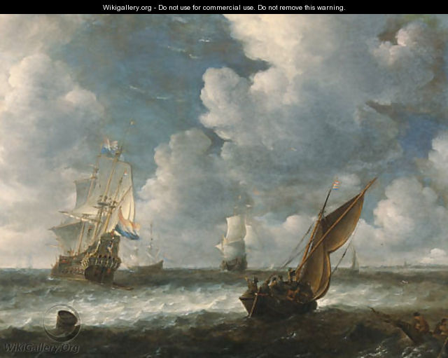 A Dutch kaag close hauled in a stiff breeze with men-o-war beyond - (after) Abraham Hendrickz Van Beyeren
