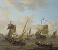 Shipping on the IJ off Amsterdam with a smalschip, a Dutch man-o'-war, and other vessels - (after) Abraham Storck