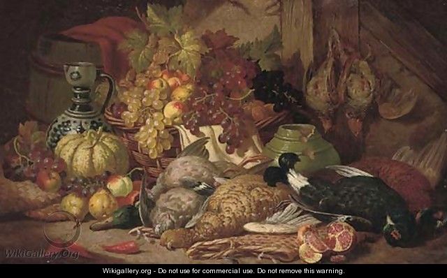 Dead game, fruit, a vase and ewer in a timbered interior - Charles Thomas Bale