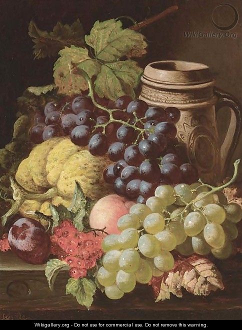 Grapes, redcurrants, plums, a peach, a gourd, and a stoneware tankard, on a wooden ledge - Charles Thomas Bale