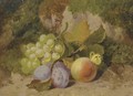 Grapes, plums, a peach and a butterfly, on a mossy bank - Charles Thomas Bale