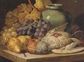 Grapes, pears, an apple, a jug and game on a shelf - Charles Thomas Bale