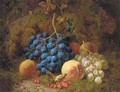 Grapes, peaches, redcurrants, and a butterfly, on a mossy bank - Charles Thomas Bale