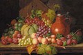 Grapes, peaches, plums, a gourd and a bellarmine, on a wooden ledge - Charles Thomas Bale